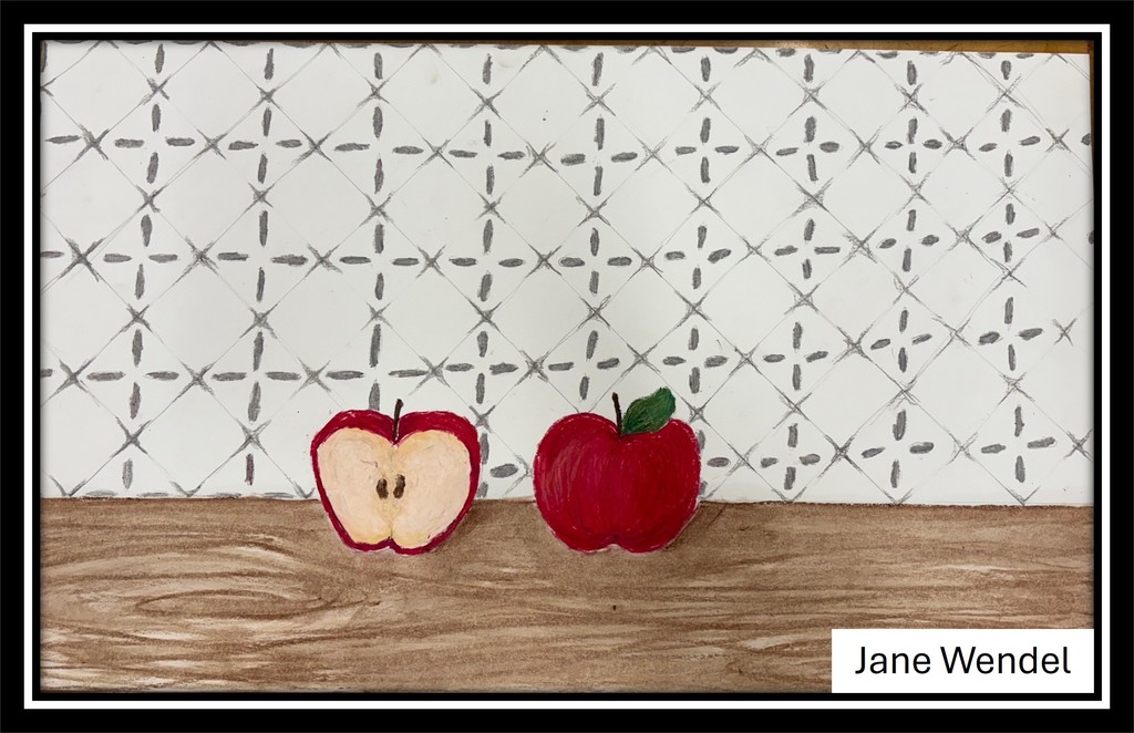 Artwork featuring two apples, one is cut, the other appears to be untouched.  