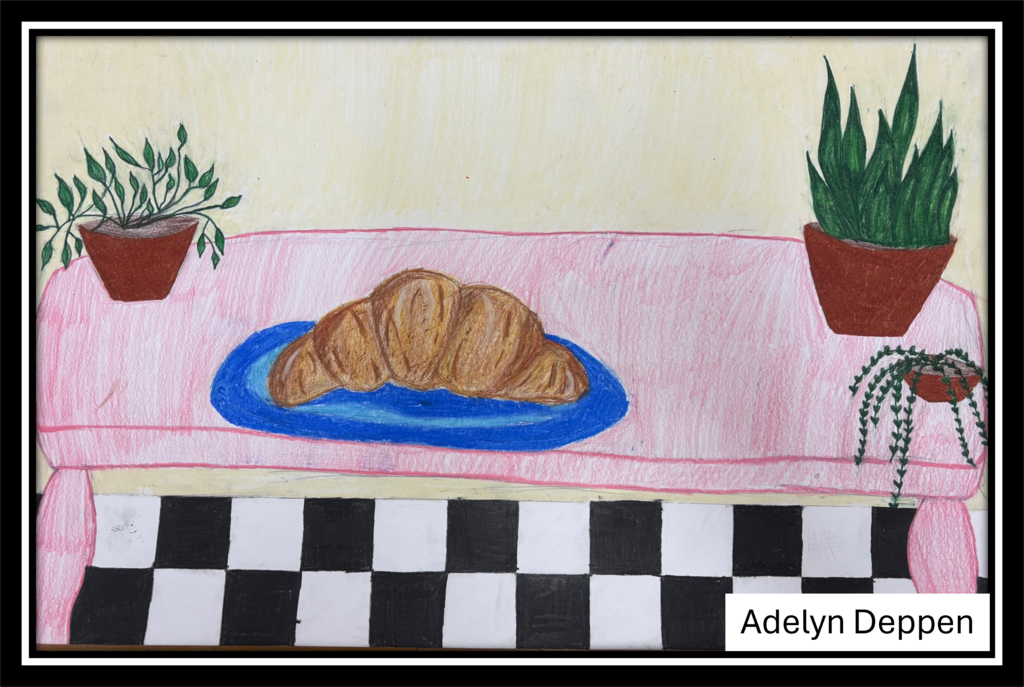 Artwork featuring a croissant on a blue plate, with the plants all on a pink table.  