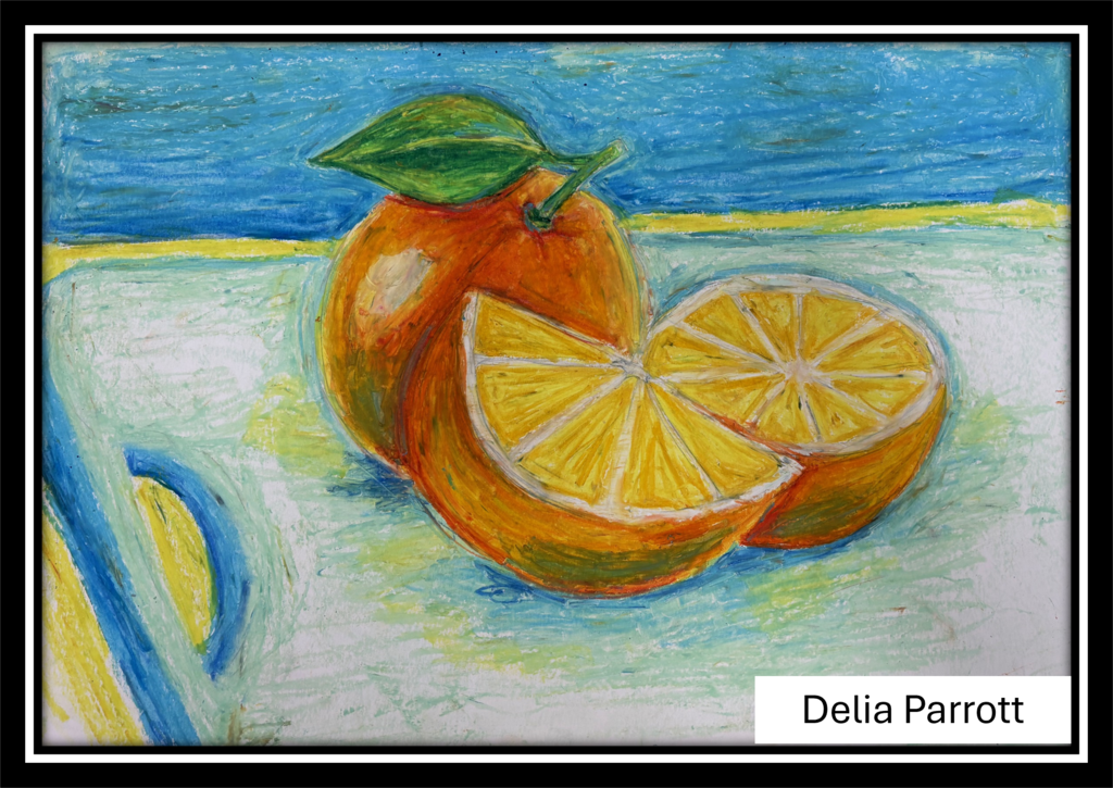 Student artwork featuring oranges.  