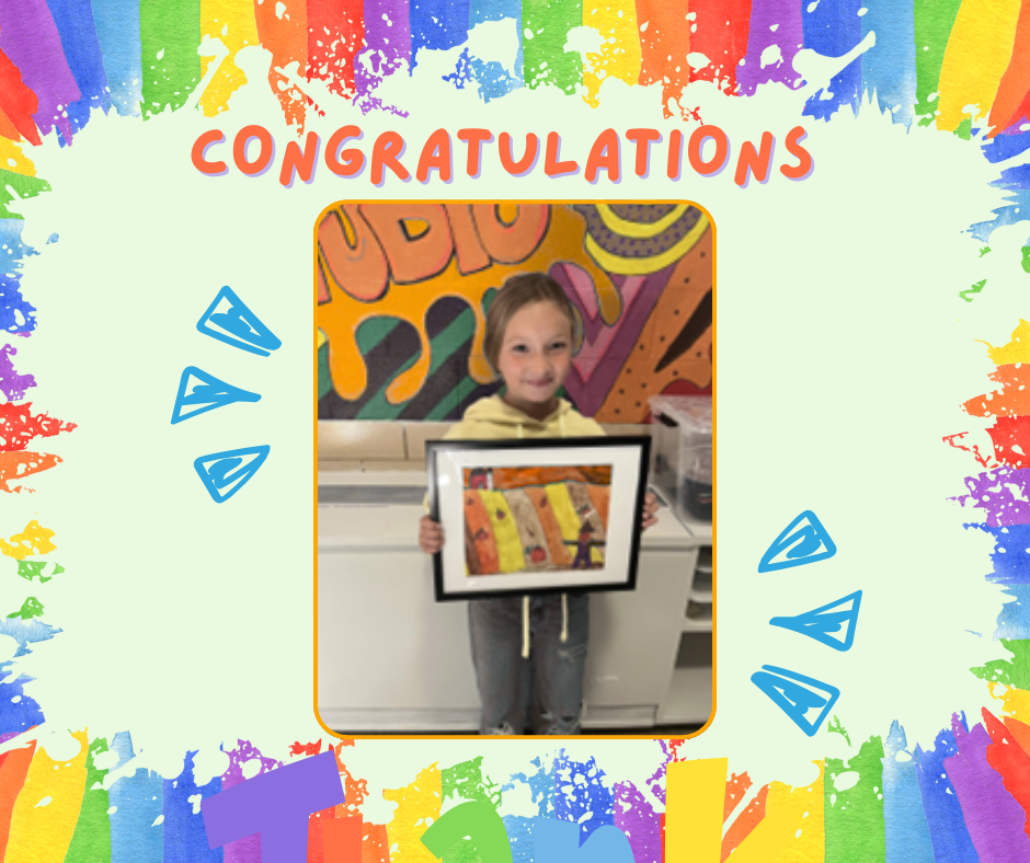 Broadway Elementary student shows off her winning entry from the TCAAC Student Art Contest.