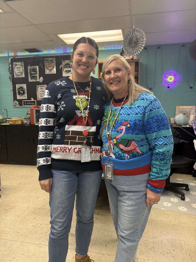 Ugly Sweater Day at L.T. Ball. Students and staff are dressed up.