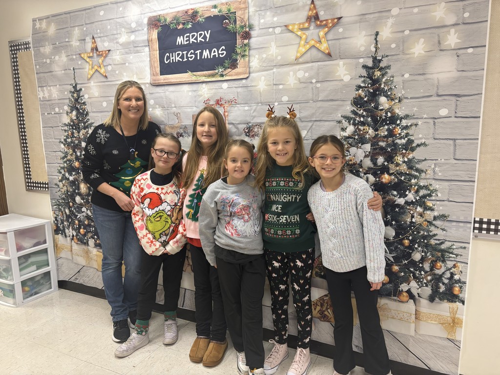 Ugly Sweater Day at L.T. Ball. Students and staff are dressed up.