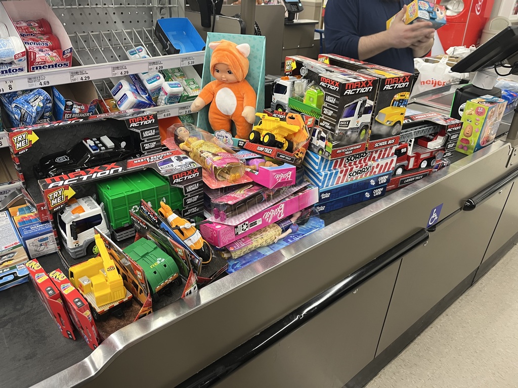 Piles of toys for the Salvation Army.