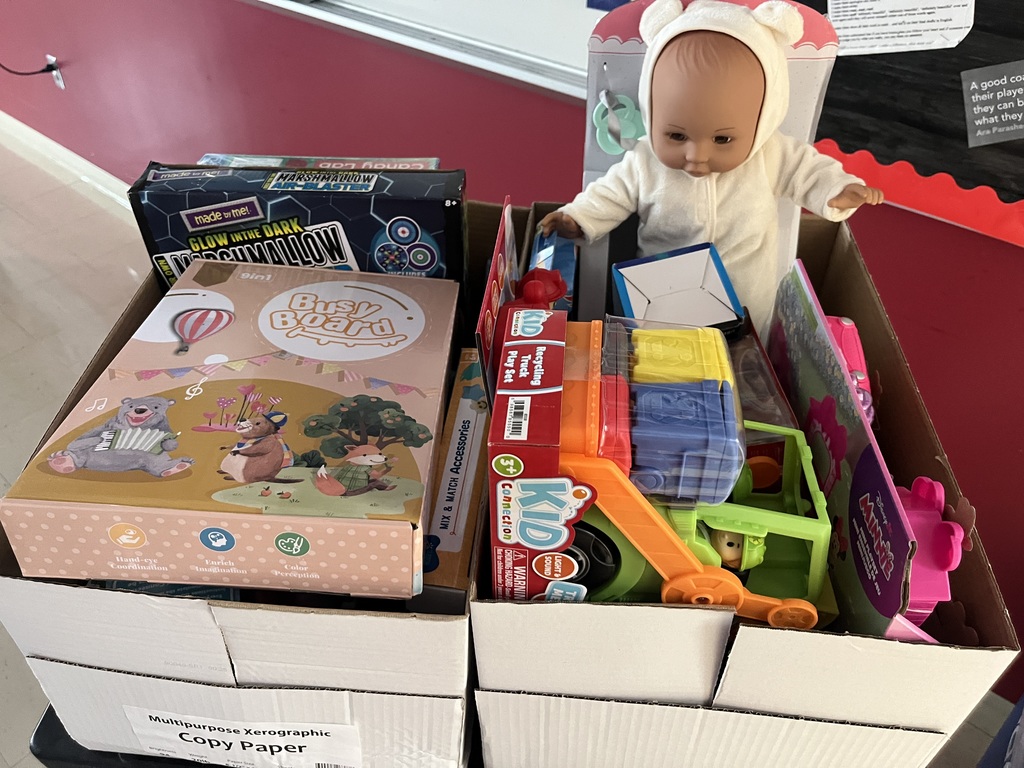 Piles of toys for the Salvation Army.