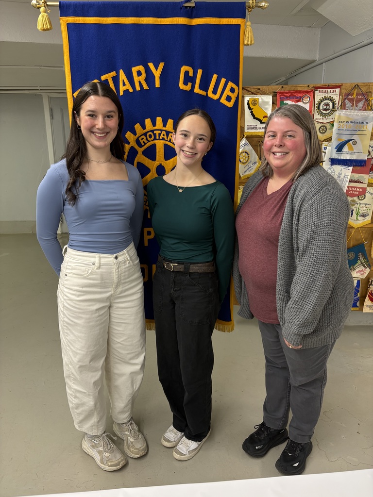 Two THS students with their teacher at the weekly Rotary Club meeting and lunch where they gave their award winning speeches from the Rotary Speech Contest.  