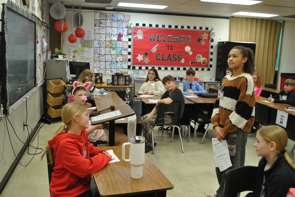 A day in court for L.T. Ball students with judge, jury, witnesses, and defendants.  