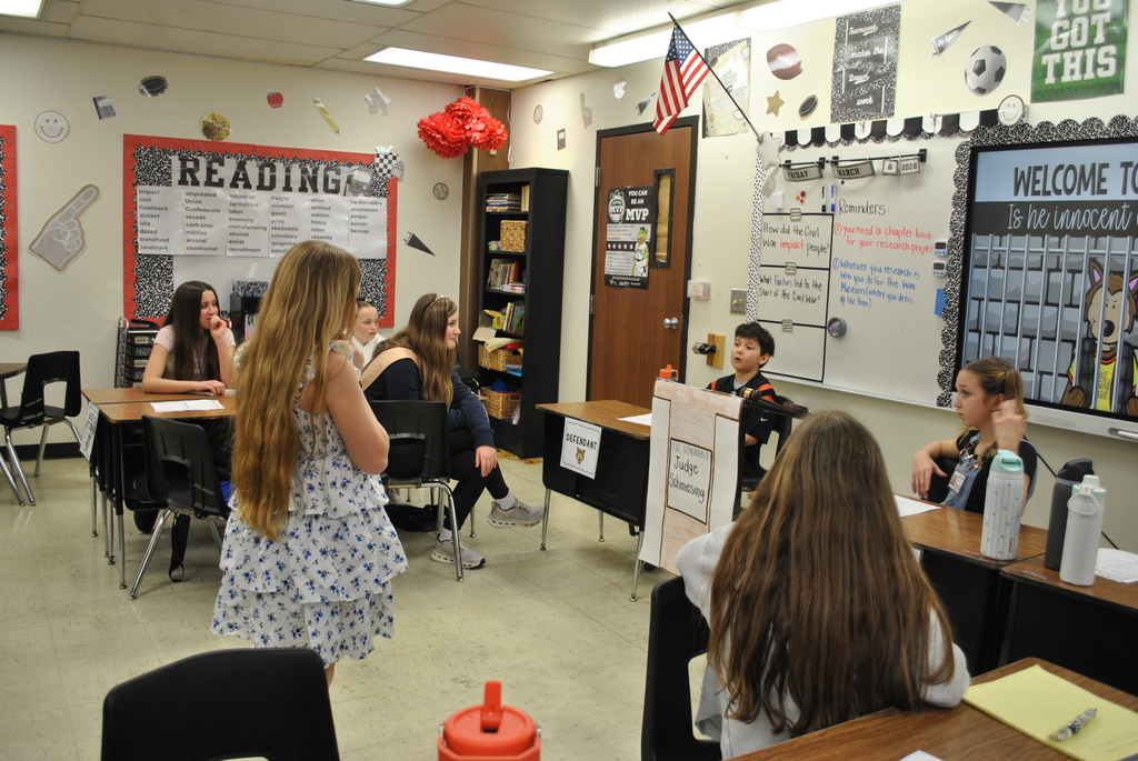 A day in court for L.T. Ball students with judge, jury, witnesses, and defendants. 