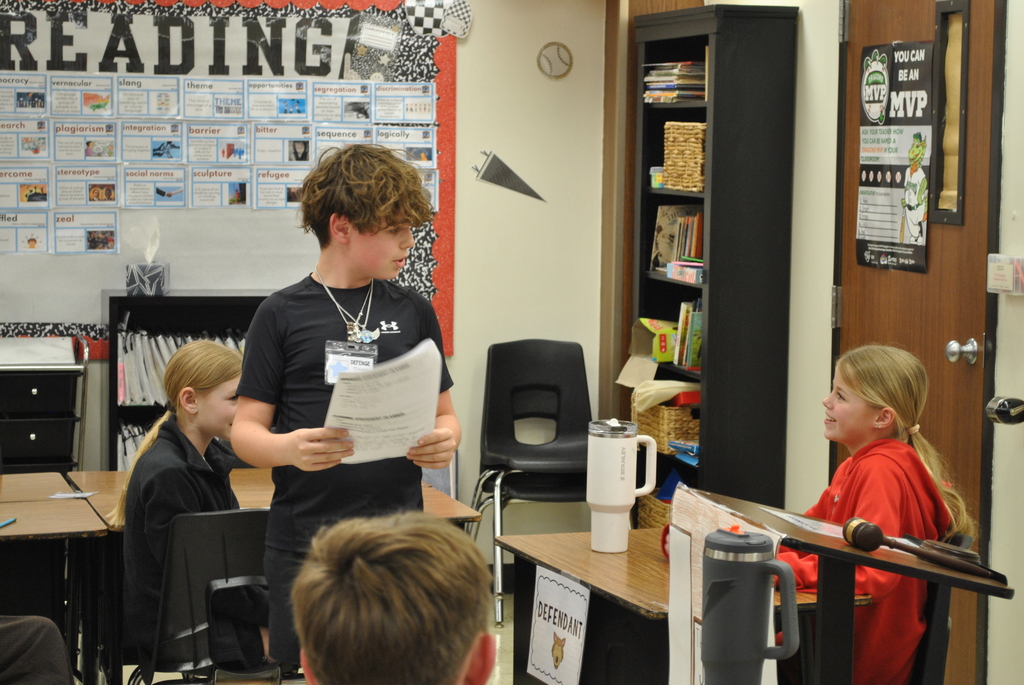 A day in court for L.T. Ball students with judge, jury, witnesses, and defendants. 