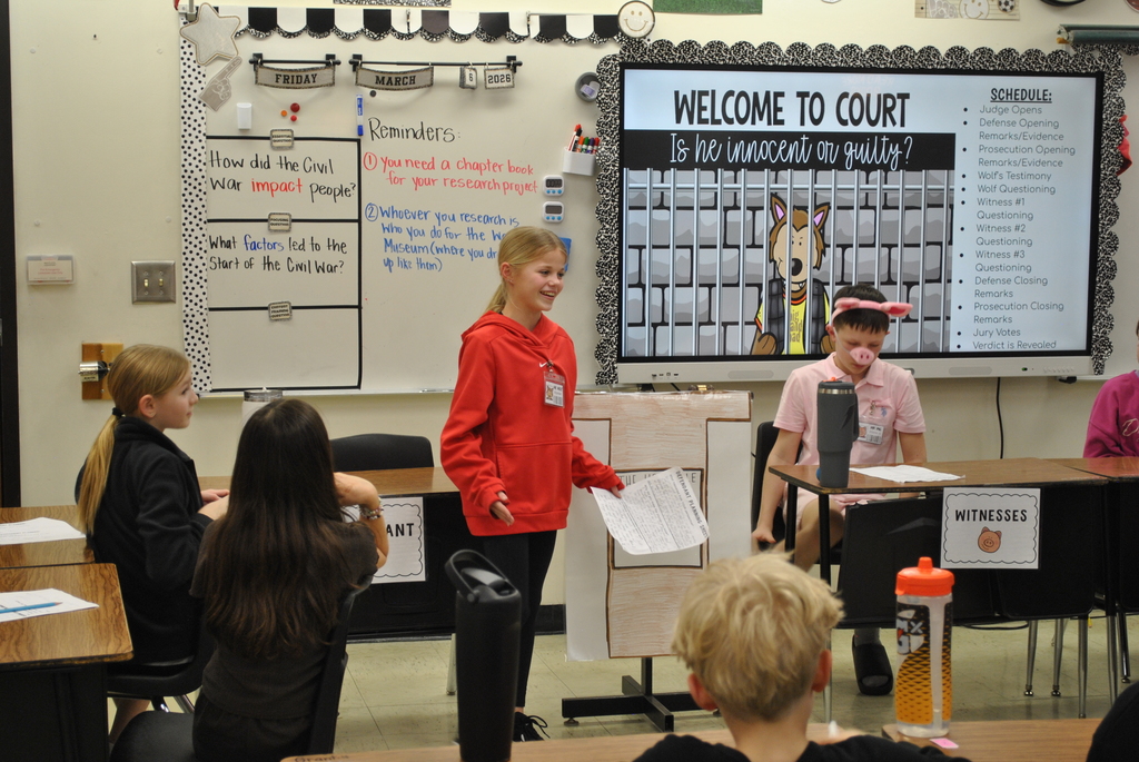 A day in court for L.T. Ball students with judge, jury, witnesses, and defendants. 