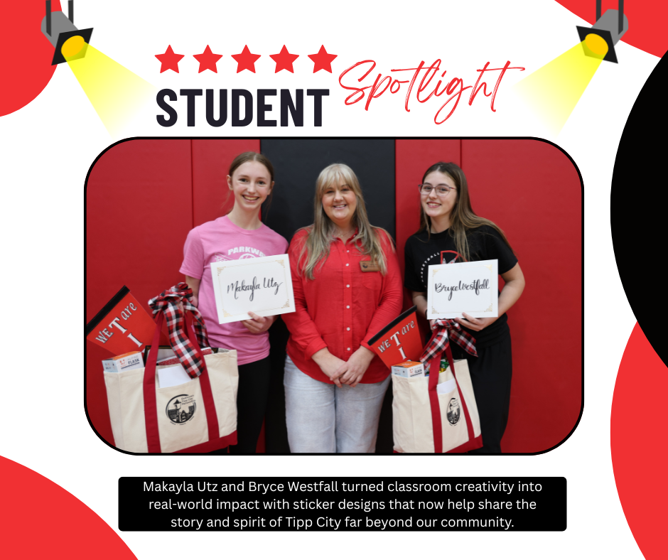 Two TMS students honored for their creativity and winning a sticker contest.  Pictured with DTCP executive director.