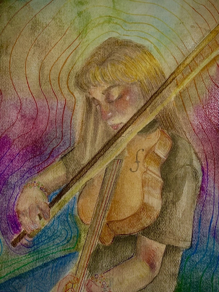 Award winning art created by THS student Hailey Everhart.  It is done with water color and colored pencil and shows a girl playing the violin.