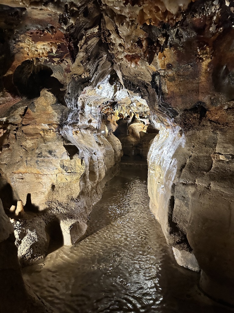 A look inside the Ohio Caverns where water is flowing.  