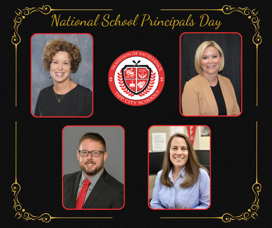 Graphic for National School Principals Day that includes a photo of each principal in a red frame.  