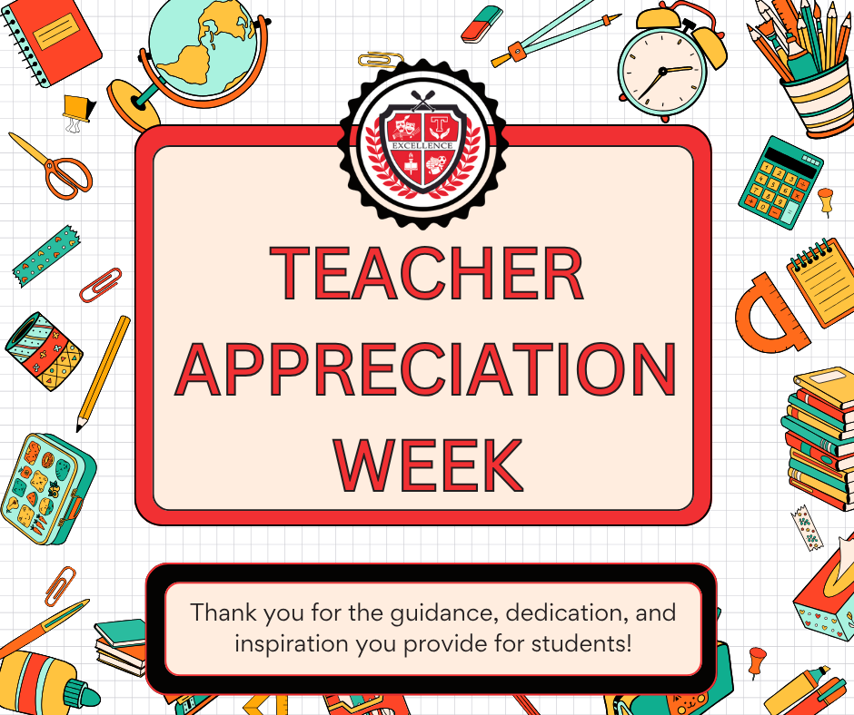 Teacher Appreciation Week graphic with a background of school supplies over graph paper. 
