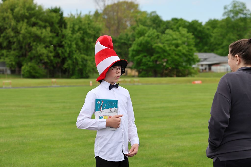 A student dressed as Dr. Seuss.  