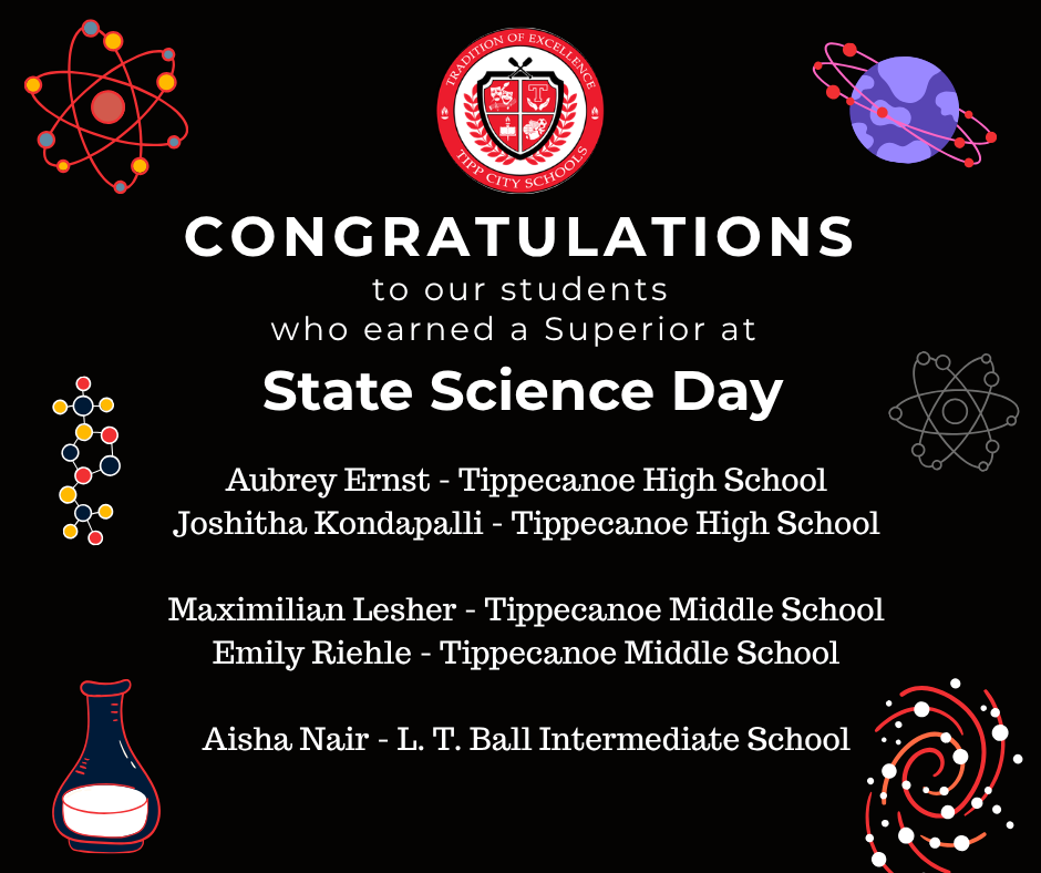 A graphic with science emblems to congratulate students who earned a superior rating at State Science Day.