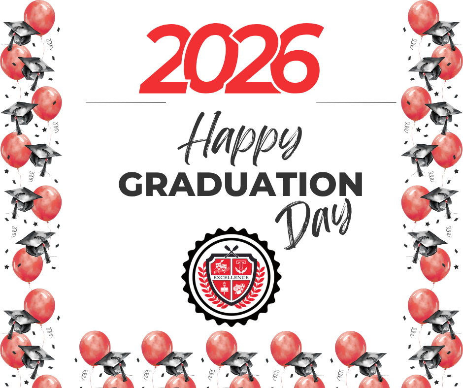 Happy Graduation Day Class of 2026.  Graphic with balloons and caps.