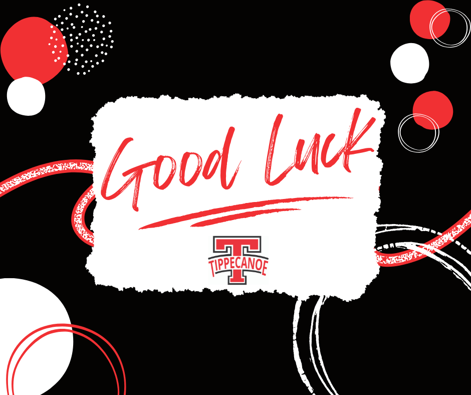 Good Luck Graphic in red, black and white with circles.
