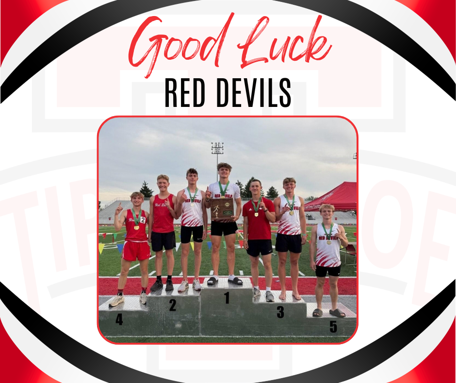 A graphic in school colors that says Good Luck Red Devils and has a picture of the state qualifiers.
