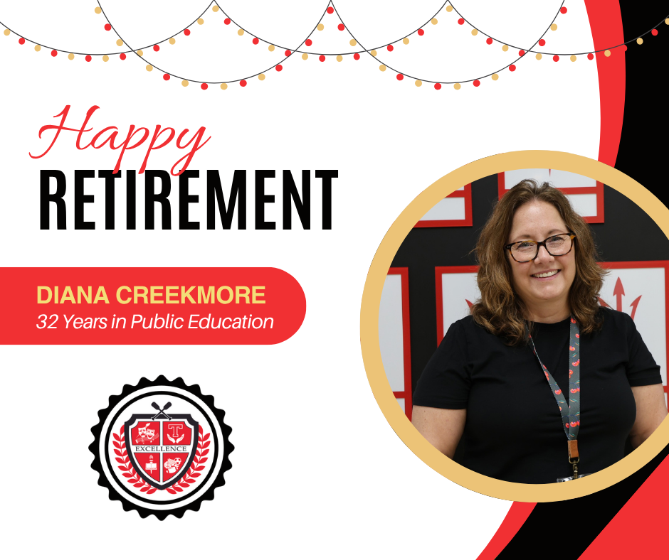 Red and White Graphic for Retiree Diana Creekmore.