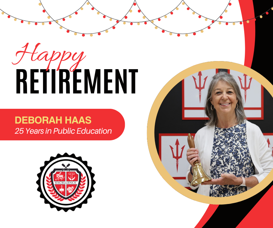 Graphic to say Happy Retirement to Deborah Haas, 25 years in public education.