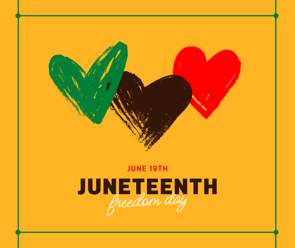 Juneteenth graphic in yellow, green, red and black.