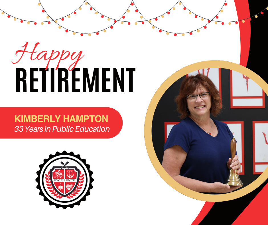 Happy Retirement graphic in red, black and white, for Kimberly Hampton.