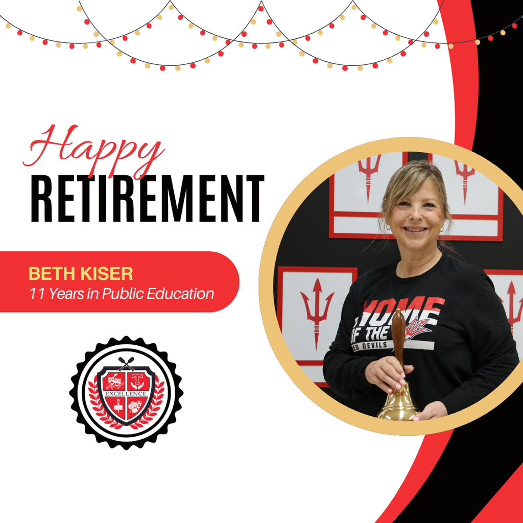 Happy Retirement graphic in red, black and white, for Beth Kiser