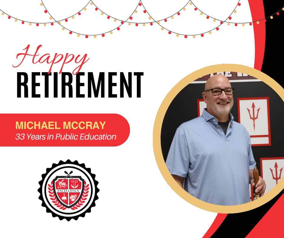 Happy Retirement graphic in red, black and white, for Mike McCray.