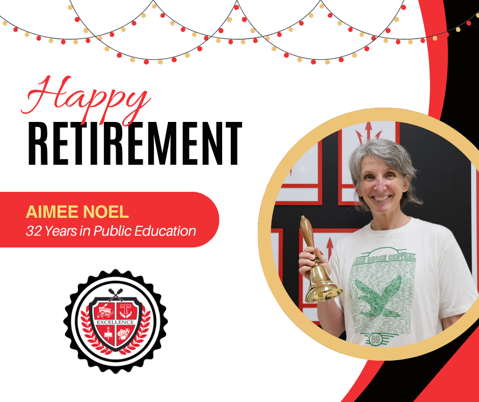 Happy Retirement graphic in red, black and white, for Aimee Noel.