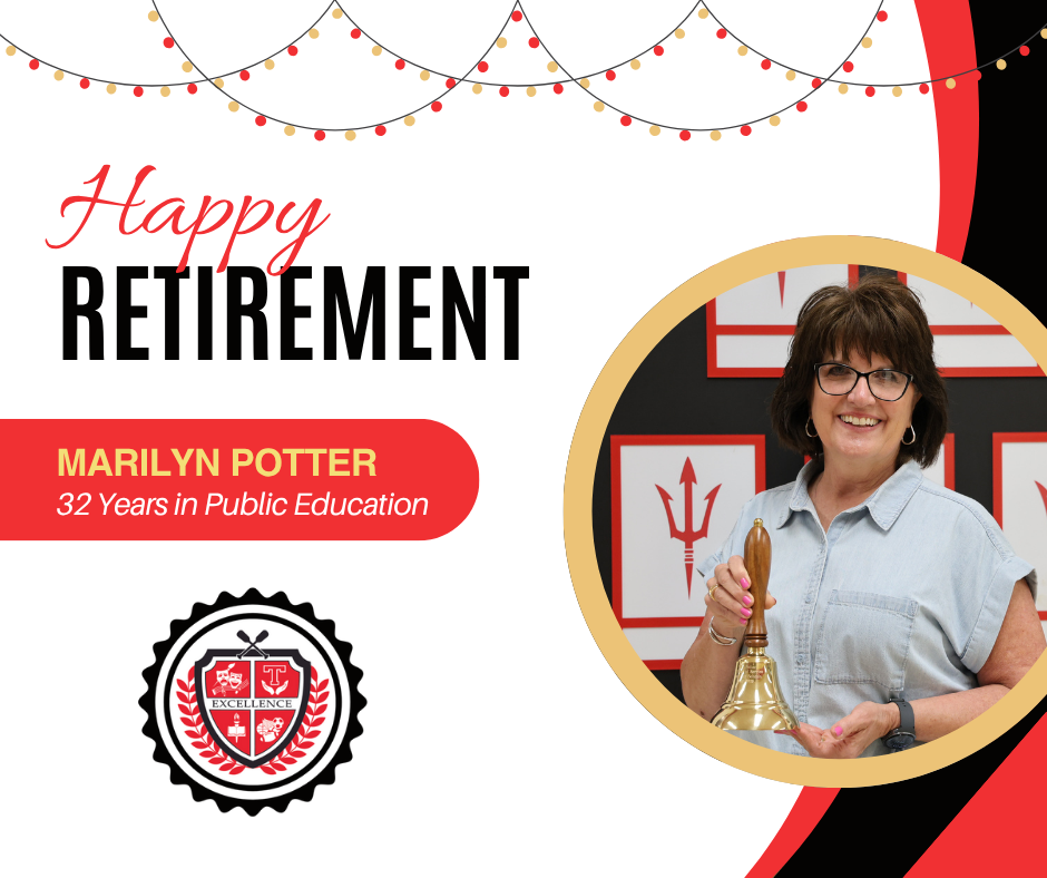 Happy Retirement graphic in red, black and white, for Marilyn Potter.