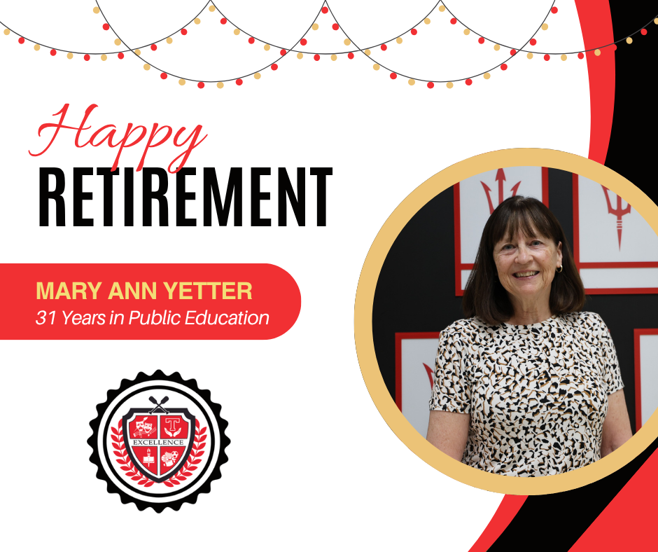 Happy Retirement graphic in red, black and white, for Mary Ann Yetter.