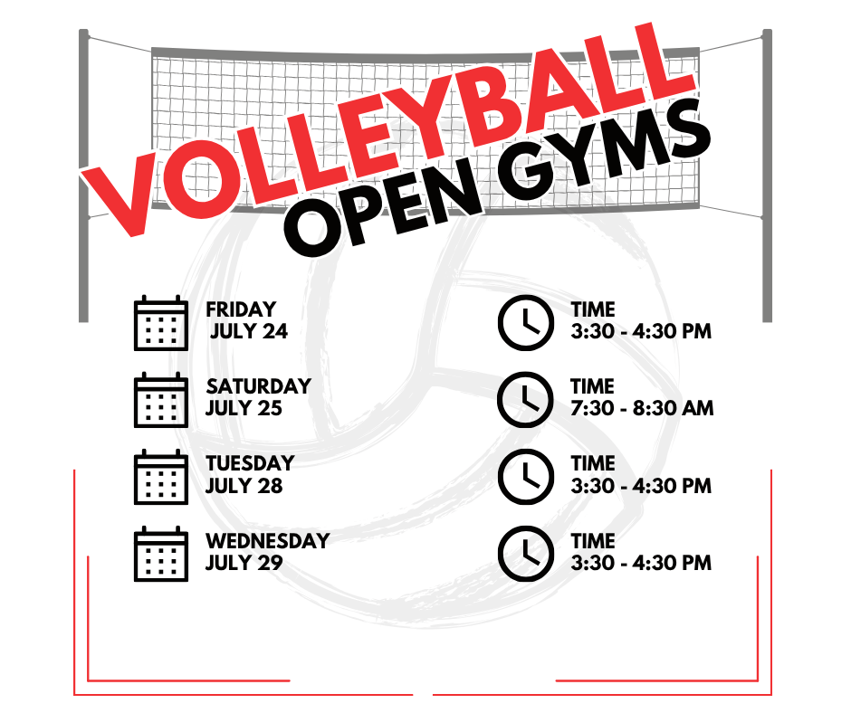 This is a graphic to announce TMS Volleyball Open Gyms.