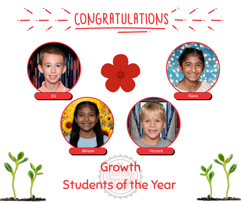4th grade Growth Students of the Year.  Eli, Siara, Miriam VIncent.