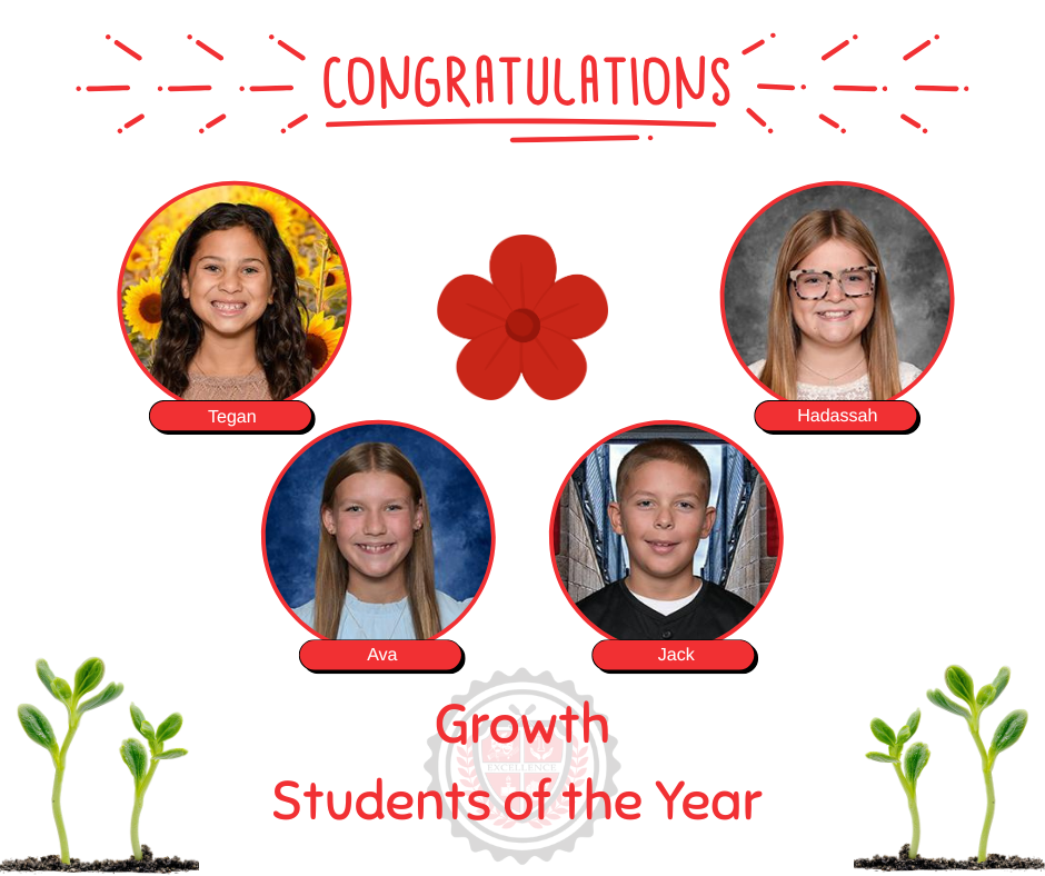 Graphic in red and white with two plants growing to say congratulations to four Growth Students of the Year.