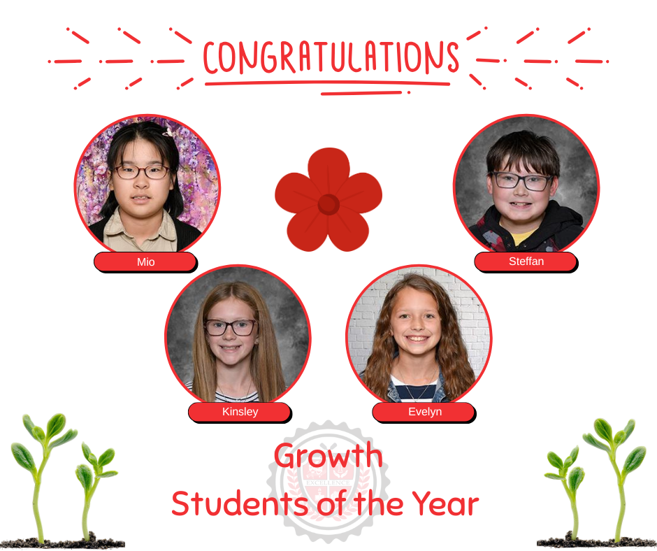 Red and white graphic to congratulate four Growth Students of the Year at LT Ball Intermediate.