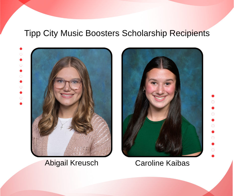 Graphic to celebrate Tipp City Music Boosters Scholarship recipients.