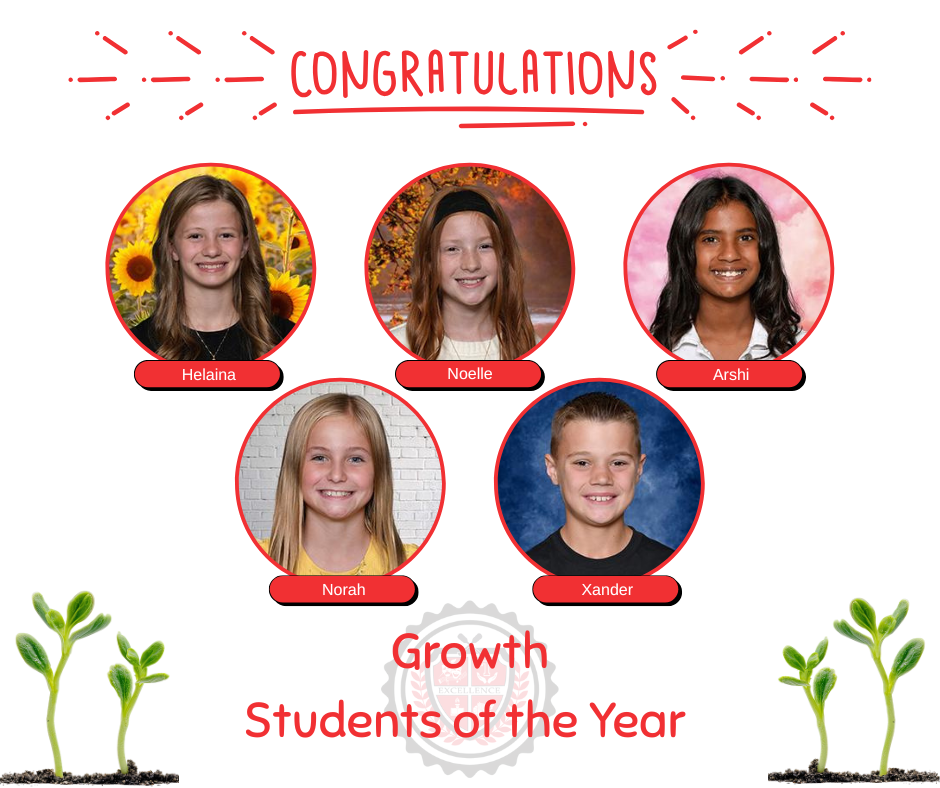 Congratulations graphic to highlight 5 students who earned Growth Students of the Year at LT Ball Intermediate.