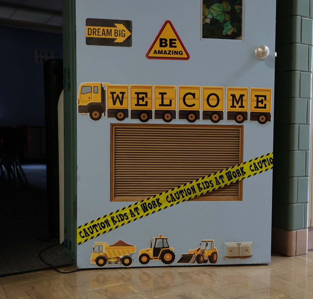 A classroom door is decorated for this year's theme Under Construction.