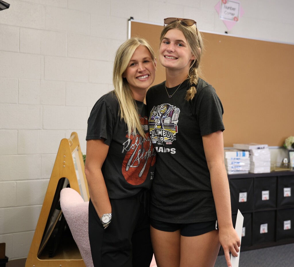 Alexa Vagades with her daughter as they set up the classroom for the new school year.
