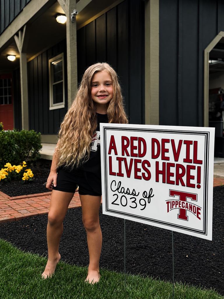 A Red Devil student poses with the new kindergarten Class of 2039 sign.