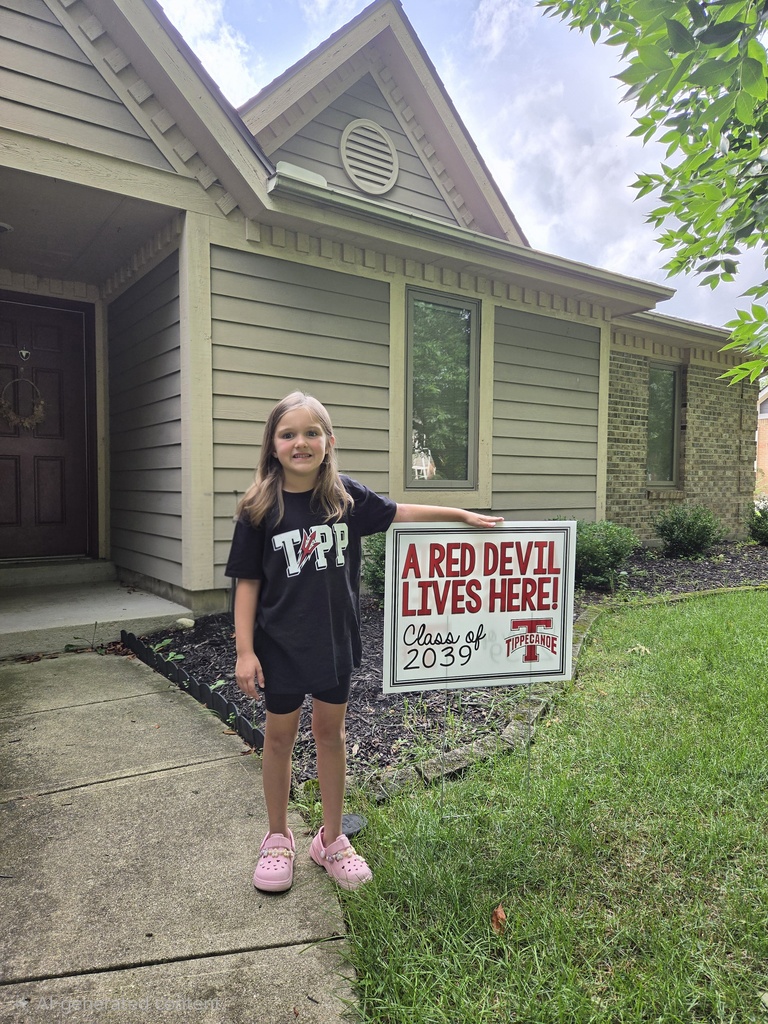A kindergarten student with a yard sign, Class of 2039, to welcome them to school.