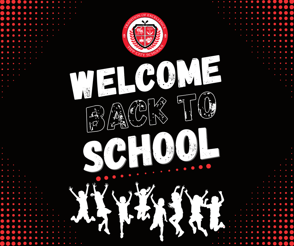 Welcome Back to School graphic with children jumping up and down. 