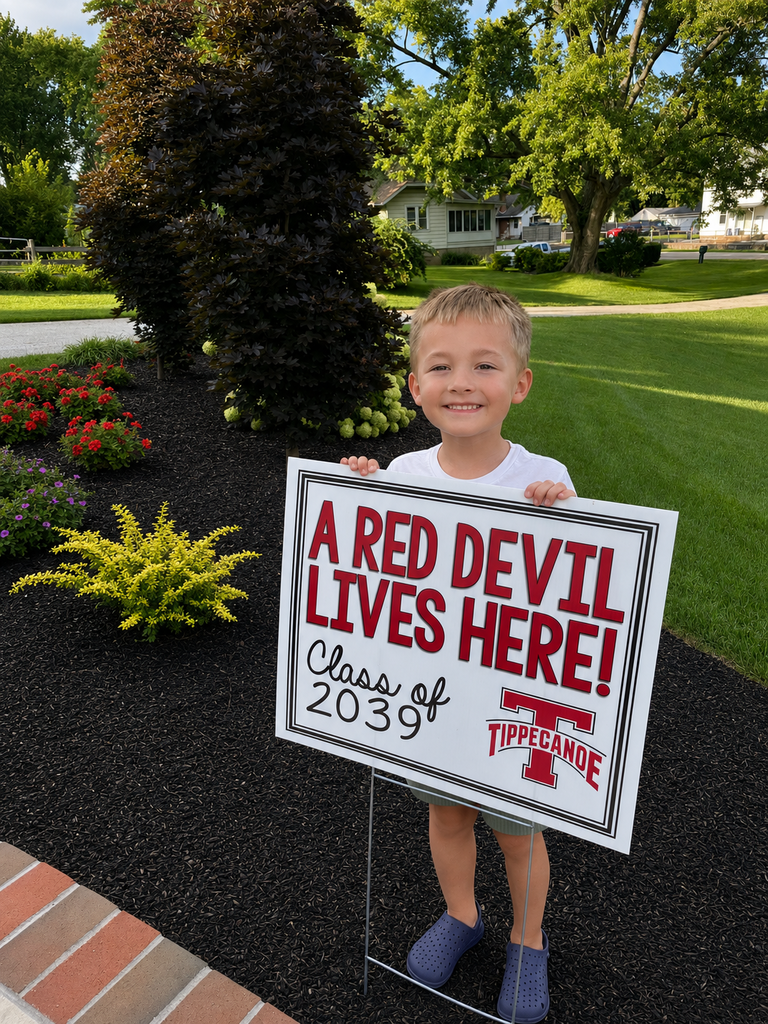 Class of 2039 student holds his sign.
