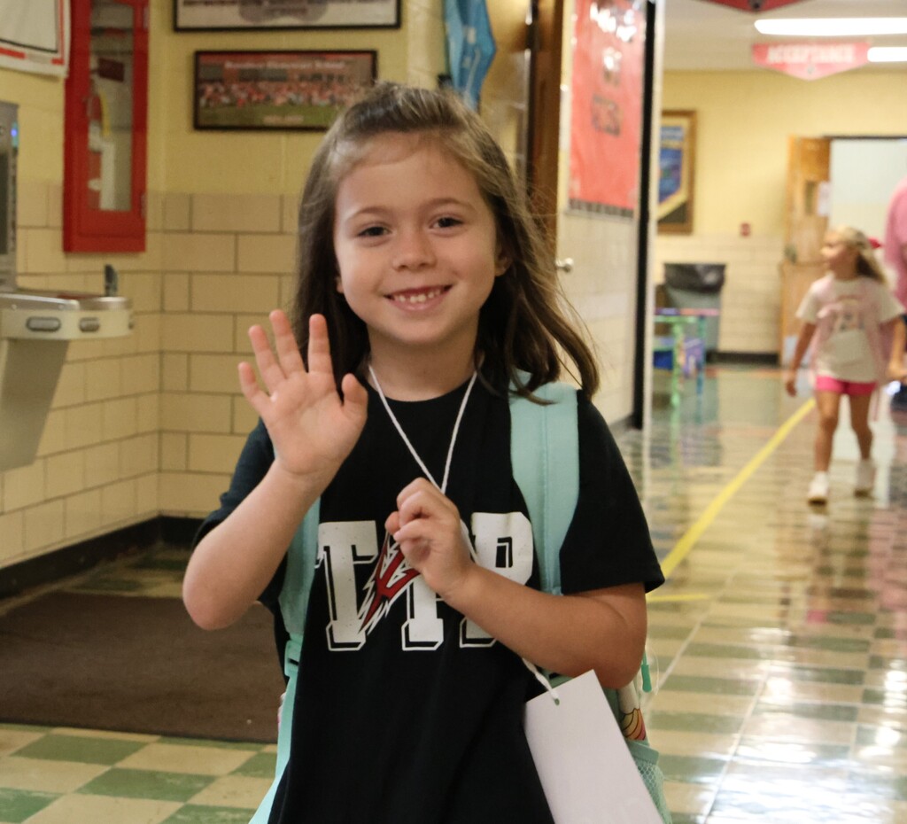 A Broadway Elementary student is all smiles on the first day of kindergarten.