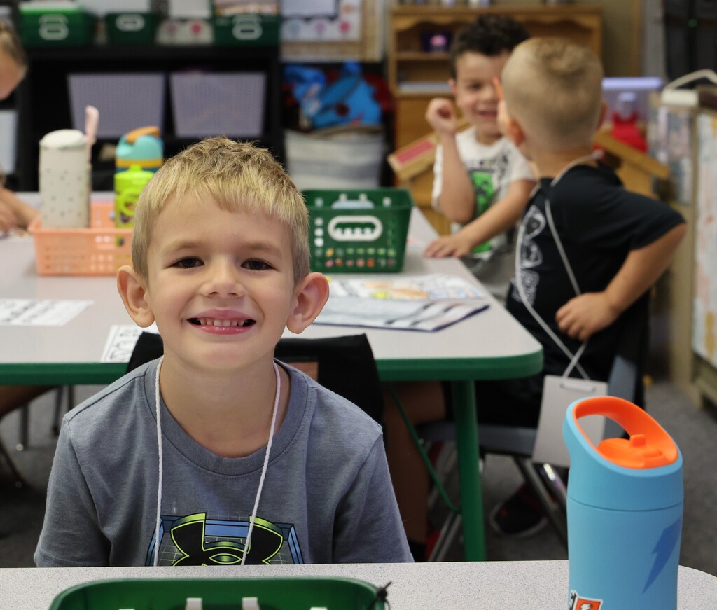 A Broadway Elementary student is all smiles on the first day of kindergarten.