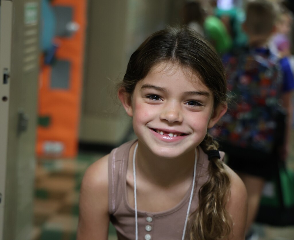 A Broadway Elementary student is all smiles on the first day of kindergarten.
