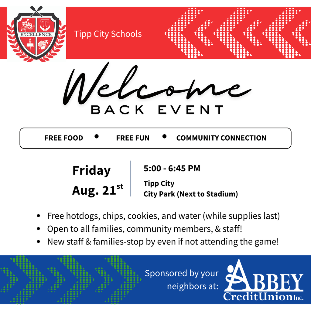 A graphic for Welcome Back Event sponsored by Abbey Credit Union.