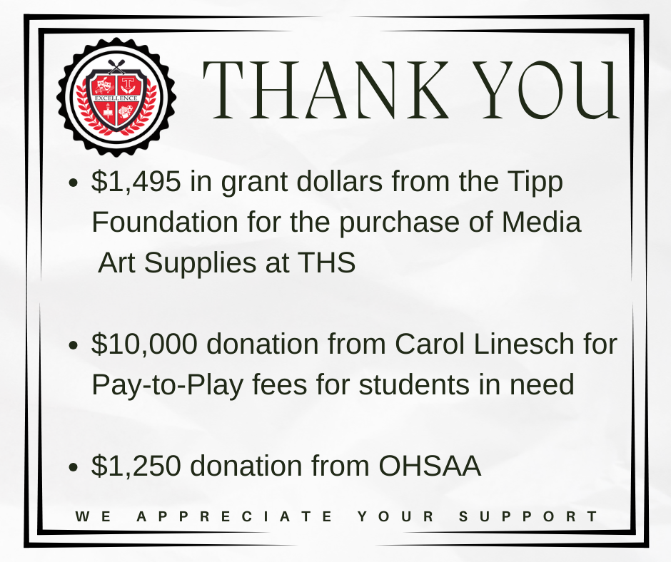 Thank you graphic to acknowledge grant from Tipp Foundation and two donations.