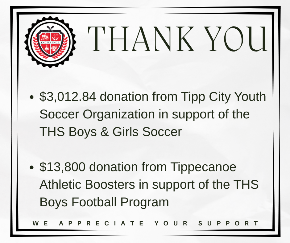 Thank you graphic for donation from Tipp City Youth Soccer Organization and one from Tipp Athletic Boosters